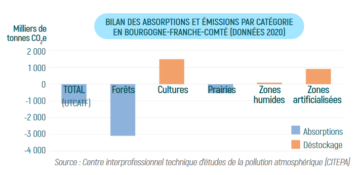 Bilan des absorptions et émissions par catégorie en Bourgogne-Franche-Comté (données 2020)
